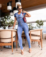 Short Sleeve Button Bodycon Denim Jumpsuit Sexy Plus Sizes for Casual Elegance