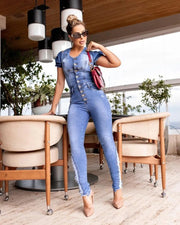 Short Sleeve Button Bodycon Denim Jumpsuit Sexy Plus Sizes for Casual Elegance