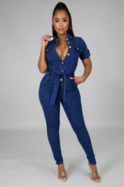 Autumn Denim Casual Jumpsuit Sexy Bodycon Jeans Pencil Romper with Turn Down Collar
