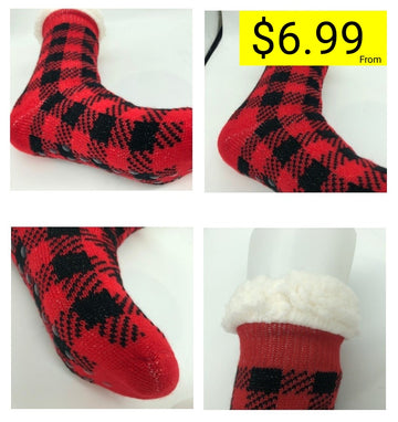 Plaid Thick Striped Sherpa Slipper Socks Leg Warmers For Cozy Home Sleep, Non-Slip Floor Socks For Autumn/Winter Women