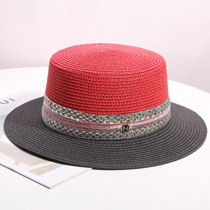 Unisex Casual Color-Block Breathable Windproof Beach Flat Straw Hats