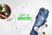 'What Up Grinches' Green Letter Pattern Family Christmas Matching Pajamas Tops Cute White Short Sleeve T-shirt With Dog Bandana