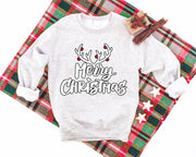 Christmas Reindeer Antlers 'Merry Chirstmas' Pattern Family Christmas Matching Pajamas Tops Cute Light-gray Long Sleeve Sweatshirts With Dog Bandana