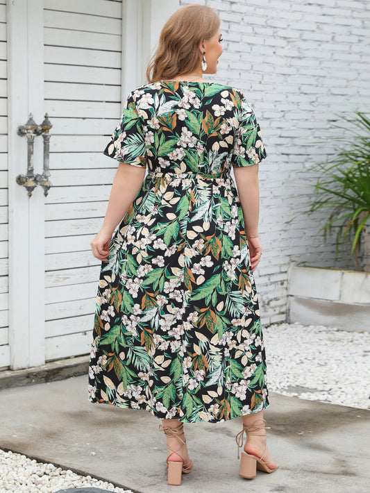 Summer Plant Print Plus Size Round Neck Floral Midi Short Sleeve Dress