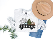 'Merry Chirstmas' Letter and ' A Car Of Gift' Pattern Family Christmas Matching Pajamas Tops Cute Gray Long Sleeve Sweatshirts With Dog Bandana
