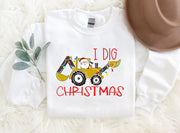'I Dig Chirstmas'Letters And 'Excavator' Pattern Family Christmas Matching Pajamas Tops Cute White Long Sleeve Sweatshirts With Dog Bandana