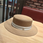 Summer Adjustable Patch Flat Top Beach Sun Hat Straw Hat With Letter