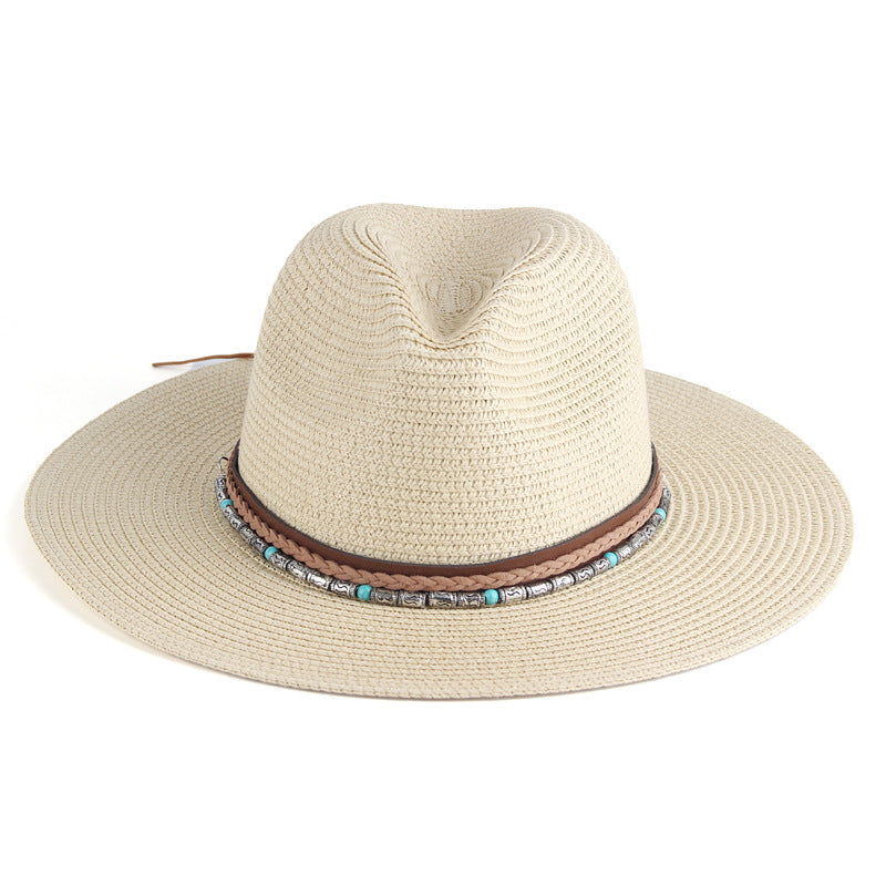 Unisex Sunscreen Panama Straw Hat Outdoor Sun Hat with Band and Adjustable Strap