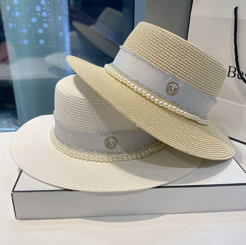 Women Breathable Windproof Flat Top Hat Wide Brim Sunscreen Straw Hat