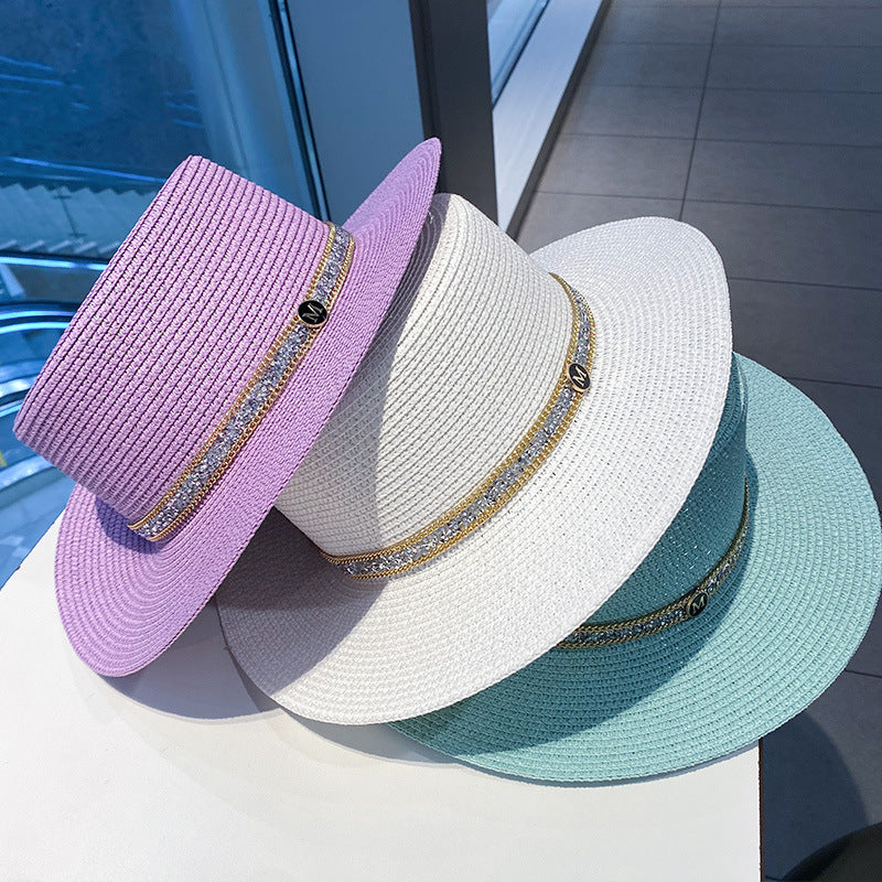 Women Casual Outdoor Candy Color Flat Brim Sun Protection Straw Hat