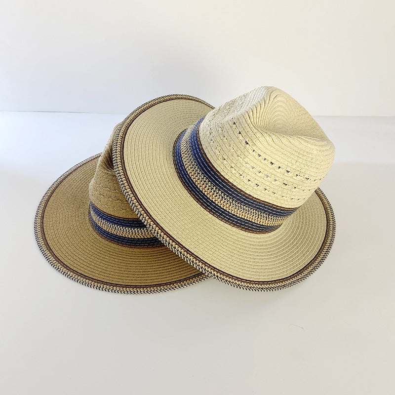 Women Vintage Color-Block Sunscreen Shade Flat Brim Straw Hat