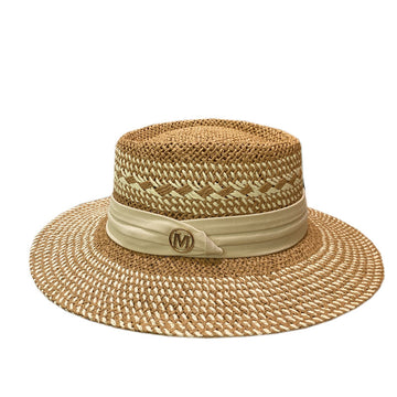 Unisex Color-Block Beach Flat Straw Hat With Letter And Band
