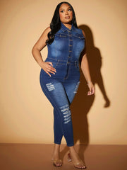 Blue Denim Sleeveless Ripped Jeans Pencil Jumpsuit Rompers Plus Size