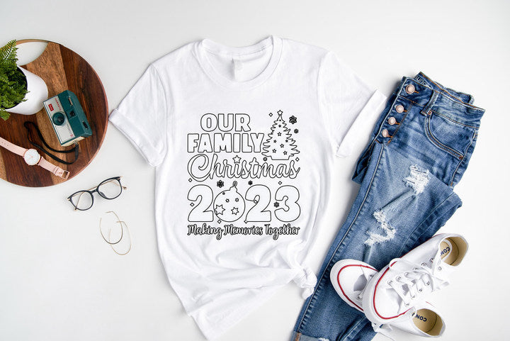 'Our Family Chirstmas 2023 Making Memories Together' Letter Print Casual Short Sleeve Sweatshirts White Color Family Matching Pajamas Tops With Dog Bandana