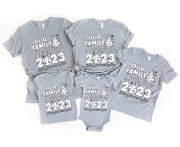 'Our Family Chirstmas 2023 Making Memories Together' Letter Print Casual Short Sleeve Sweatshirts Gray Color Family Matching Pajamas Tops With Dog Bandana