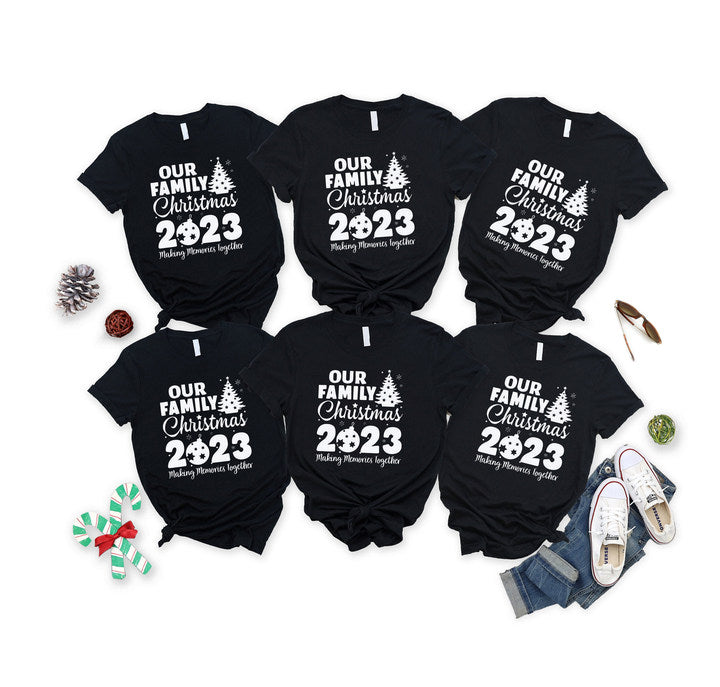 'Our Family Chirstmas 2023 Making Memories Together' Letter Print Casual Short Sleeve Sweatshirts Black Color Family Matching Pajamas Tops With Dog Bandana