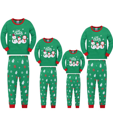 Cute Snowman Print Christmas Family Green Pajamas Set