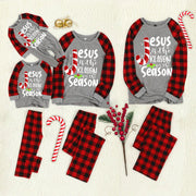 Christmas "Jesus is the Reason of the Season" Letter Print Patterned Grey Contrast top and Black & Red Plaid Pants Family Matching Pajamas Set With Dog Bandana
