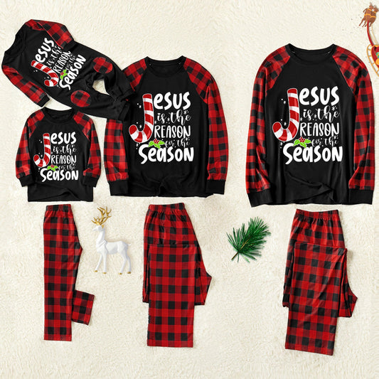 Christmas Tree Patterned and 'Christmas Crew' Letter Print Patterned Contrast Black top and Black & Red Plaid Pants Family Matching Pajamas Set