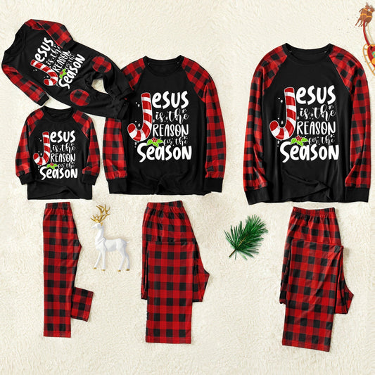 Christmas "Joy Love Peace Believe Christmas" Letter Print Patterned Contrast Black top and Black & Red Plaid Pants Family Matching Pajamas Set With Dog Bandana