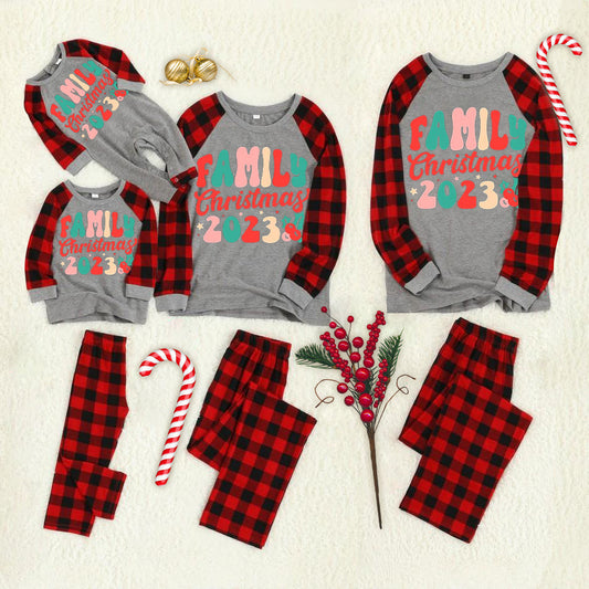 Christmas "Jesus is the Reason of the Season" Letter Print Patterned Grey Contrast top and Black & Red Plaid Pants Family Matching Pajamas Set With Dog Bandana