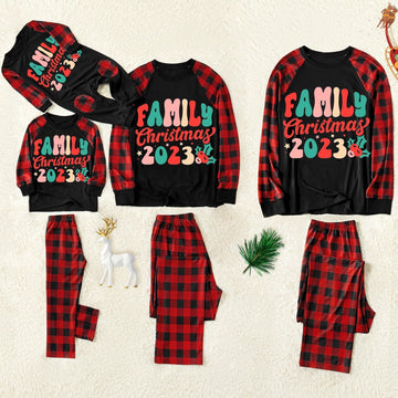 Christmas Family Christmas 2023 Letter Print Patterned Contrast Black top and Black & Red Plaid Pants Family Matching Pajamas Set