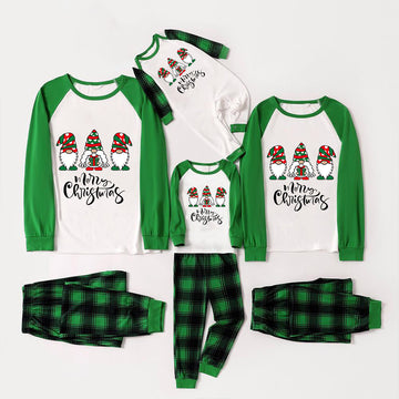 Merry Christmas Cute Gnome Print Casual Long Sleeve Sweatshirts Green Contrast Tops and Black and Gren Plaid Pants  Family Matching Raglan Long-sleeve Pajamas Sets With Dog Bandana