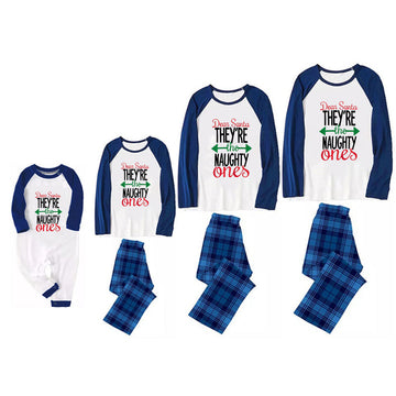 'Dear Santa Ther Are The Naughty One' Letter Print Casual Long Sleeve Sweatshirts Blue Sleeve Contrast Tops and Blue Plaid Pants Family Matching Pajamas Sets With Dog Bandan