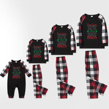 'Dear Santa Ther Are The Naughty One' Letter Print Casual Long Sleeve Sweatshirts Contrast Tops and Red & Black & White Plaid Pants Family Matching Pajamas Set With Dog Bandana
