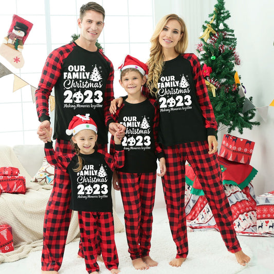 Christmas Tree & "Making Memories Together" Patterned Contrast top and Black & Red Plaid Pants Family Matching Pajamas Set