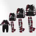 Christmas Hat and ‘Believe“ Letter Print Patterned Plaid Sleeve Contrast Tops and Red & Black & White Plaid Pants Family Matching Pajamas Set With Dog Bandana