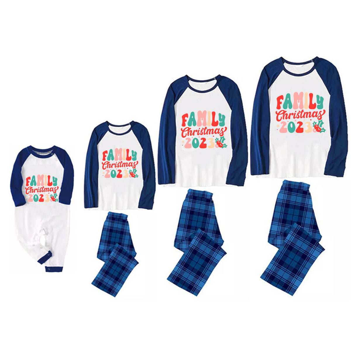 Christmas ‘ Family Christmas 2023’ Letter Print Patterned Casual Long Sleeve Sweatshirts Blue Sleeve Contrast Tops and Blue Plaid Pants Family Matching Pajamas Sets With Dog Bandan