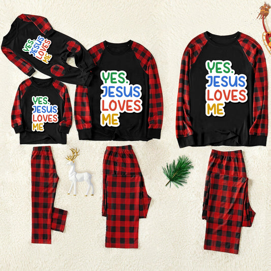 Christmas "Jesus is the Reason of the Season" Letter Print Patterned Contrast Black top and Black & Red Plaid Pants Family Matching Pajamas Set With Dog Bandana