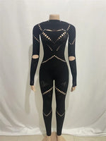 Knitted Lace Diamond Hollow Out Cape Strapless Gloves Long Sleeve Bodycon Jumpsuits