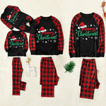 Christmas Hat Patterned and 'Merry Christmas' Letter Print Patterned Contrast Black top and Black & Red Plaid Pants Family Matching Pajamas Set