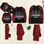 Christmas Tree Patterned and 'Christmas Crew' Letter Print Patterned Contrast Black top and Black & Red Plaid Pants Family Matching Pajamas Set