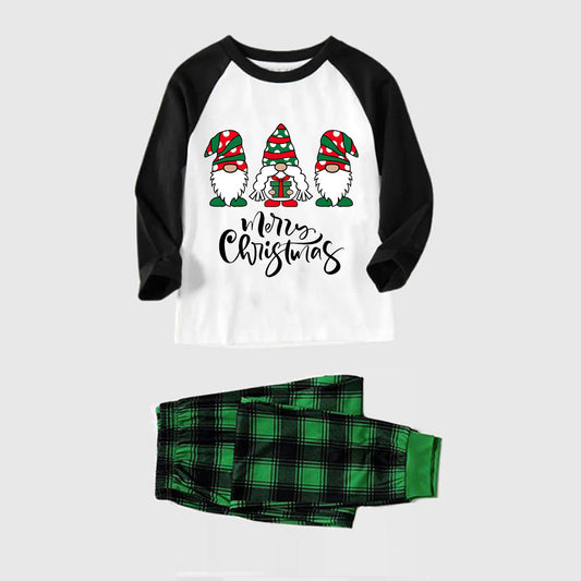 Merry Christmas Cute Gnome Print Casual Long Sleeve Sweatshirts Casual Long Sleeve Sweatshirts Black Contrast Top and Black and Gren Plaid Pants Family Matching Pajamas Sets With Dog Bandana