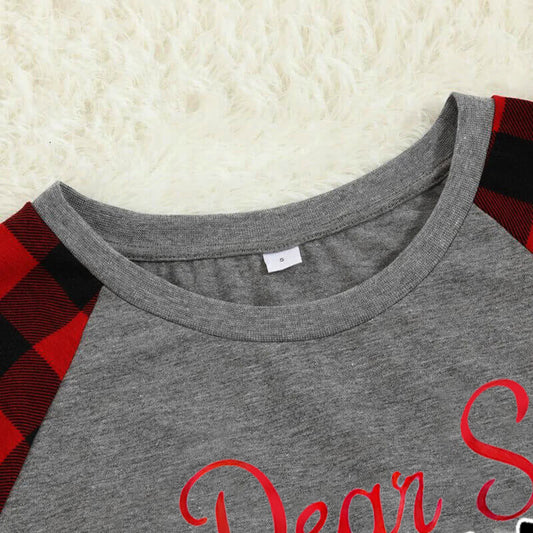'Dear Santa Ther Are The Naughty One' Letter Print Casual Long Sleeve Sweatshirts Grey Contrast Top and Black & Red Plaid Pants Family Matching Pajamas Set With Dog Bandana