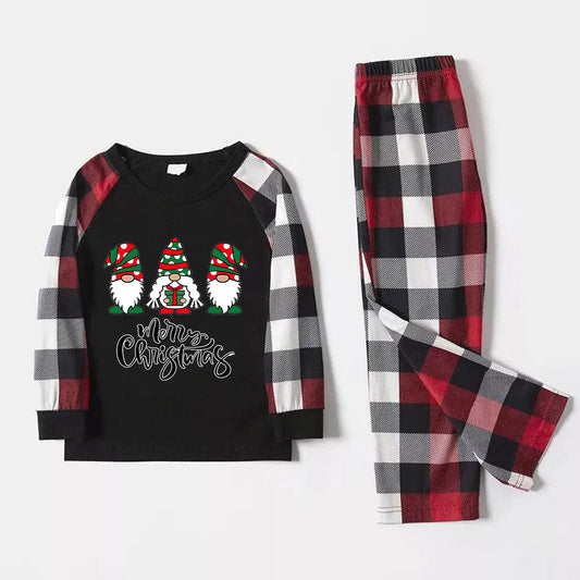 Merry Christmas Cute Gnome Print Casual Long Sleeve Sweatshirts Contrast Tops and Red & Black & White Plaid Pants Family Matching Pajamas Set With Dog Bandana