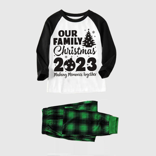 Christmas Tree & "Making Memories Together" Patterned Black Sleeve Contrast Tops and and Black and Green Plaid Pants Family Matching Pajamas Sets With Dog Bandana