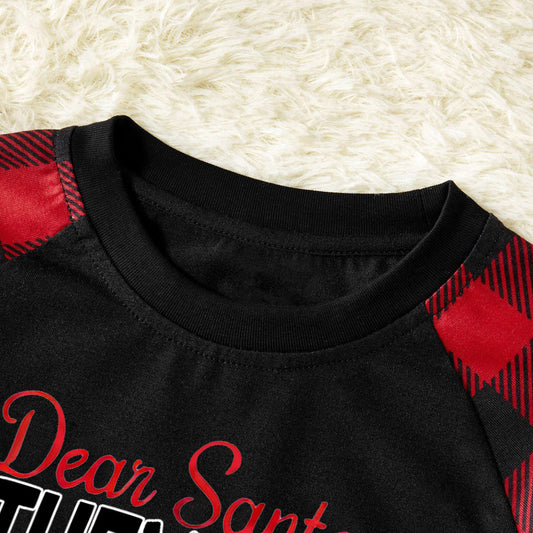 'Dear Santa Ther Are The Naughty One' Letter Print Casual Long Sleeve Sweatshirts Contrast Black Top and Black & Red Plaid Pants Family Matching Pajamas Set With Dog Bandana