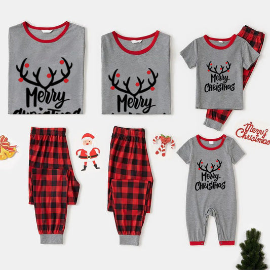 Short Sleeve Christmas Family Matching Pajamas Sets Christmas Antlers Print Grey Top and Plaid Pants