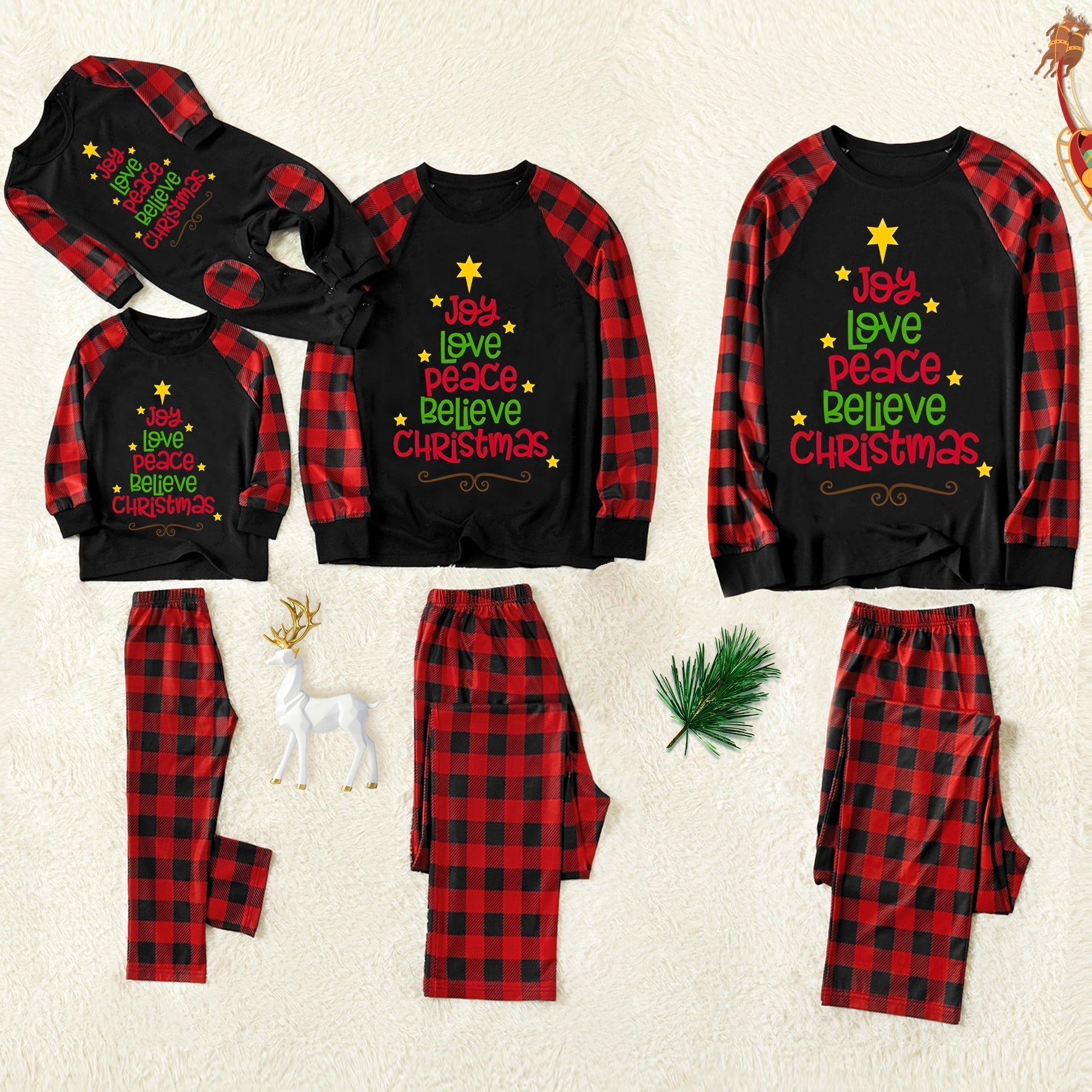 Christmas "Joy Love Peace Believe Christmas" Letter Print Patterned Contrast Black top and Black & Red Plaid Pants Family Matching Pajamas Set With Dog Bandana