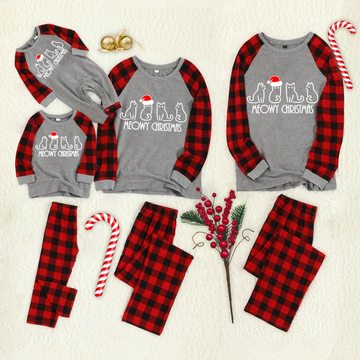 Christmas Cartoon Cat Patterned "Meowy Christmas" Letter Print Contrast top and Plaid Pants Family Matching Pajamas Set With Dog Bandana