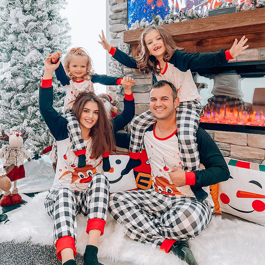 Christmas Cute Deer Print Family Matching Long-sleeve Black White Plaid Pajamas Set