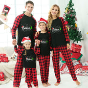 Christmas Hat and Snow Patterned Believe Letter Print Patterned Contrast Black top and Black & Red Plaid Pants Family Matching Pajamas Set
