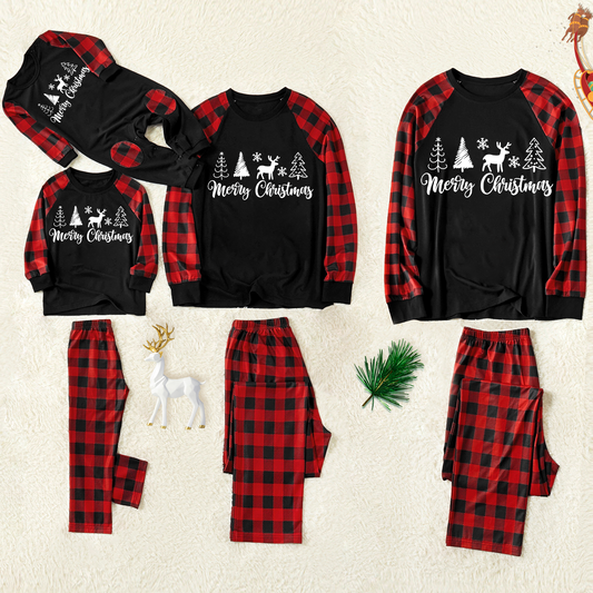 Christmas Tree & Deer Patterned Letter Print Contrast top and Black & Red Plaid Pants Family Matching Pajamas Set