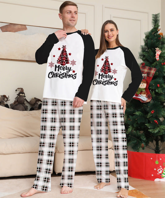 Merry Christmas Letter and Tree Print Top and Plaid Pants Family Matching Pajamas Sets