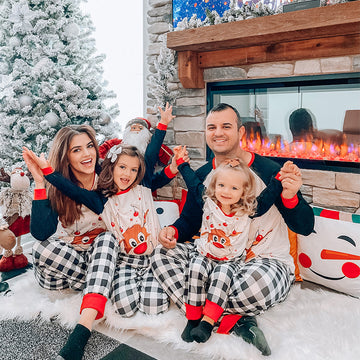 Christmas Cute Deer Print Family Matching Long-sleeve Black White Plaid Pajamas Set