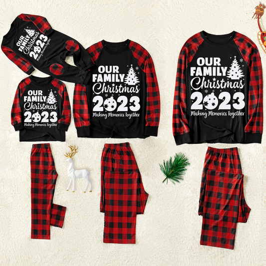 Christmas Cartoon cat Patterned "Meowy Christmas" Contrast top and Black & Red Plaid Pants Family Matching Pajamas Set